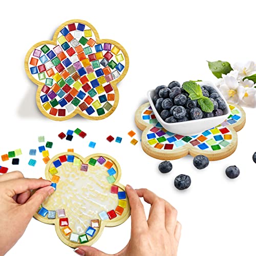 VAESCOL Glass Mosaic Tiles, Mosaic Kit with Bamboo Coaster, Crafts for Adults Mixed Colors Mosaic Kit Mosaic Crafts Materials Package Household Decoration, Holiday Gift, Daily Gift and Home Decor