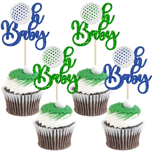 Ephlyn 24Pcs Glitter Golf Cupcake Toppers - Oh Baby Cake Topper Decorations for Sports Player Theme Baby Shower Kids Birthday Party Cake Decorations Supplies Blue