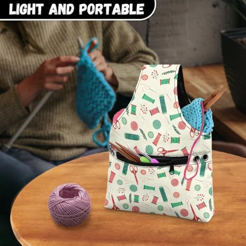 Image of KUIFORTI Yarn Bag Portable Crochet Tote Bag Small Canvas Wrist Bag for Crochet and Knitting On The Go, Cute Sewing Print Project Bag Holds Supplies and Needles or Hooks, Easy to Carry