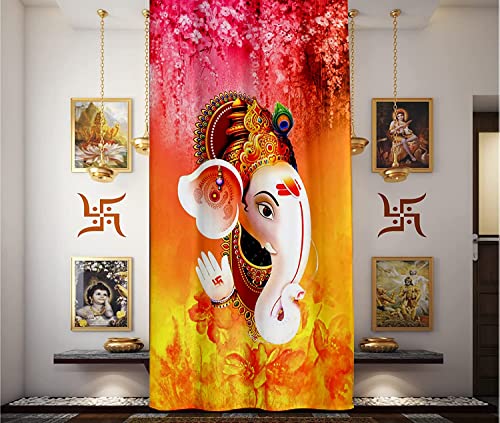 Image of 3D Digital Printed Heavy Fabric Shri Ganesha God Design Curtains for Pooja Room, Temple, Home, 4x9 feet, Set of 1 Pc
