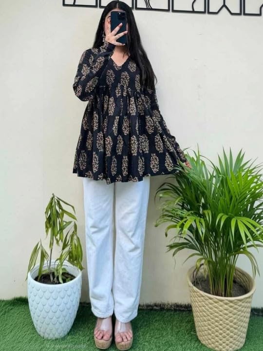 Image of Women's V Neck Short Kurti for Women | Floral Printed Cotton Blend Kurti | Full Sleeve Flared Tunic Top | Casual Ethnic Kurta Top for Women | Stylish Kurti with Jeans