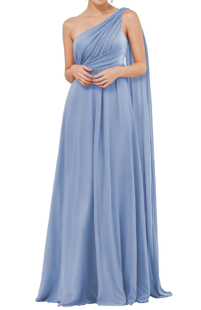 Wseyu Women's Dusty Blue One Shoulder Wedding Bridesmaid Dress Aline Chiffon Long Formal Evening Party Prom Gowns With Tail Zm233 Uk22