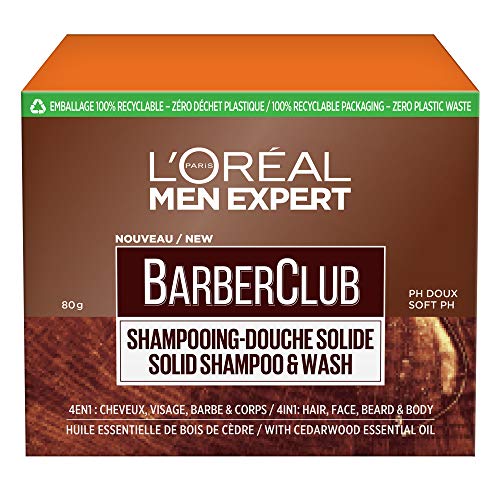 L'Oréal Men Expert BarberClub 4 en 1 Champú de ducha con aceite esencial de madera de cedro, 80 g