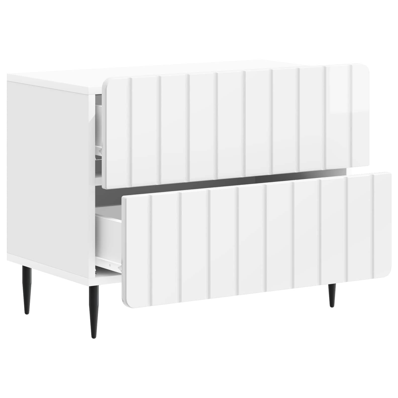 Mesita de noche moderna de color blanco brillante, 62 x 34,5 x 49,5 cm, de madera con diseño a rayas, bordes redondos y patas de hierro, mucho espacio para libros y técnica, fácil de limpiar