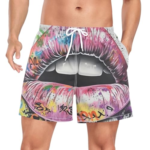 Mens Swim Trunks with Liner, Giraffiti Lip White Cool Quick Dry Beach Swim Shorts, Swimwear Bathing Suits S