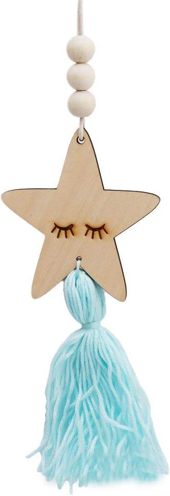LALANG Nordic Style Cute Star Shape Wooden Beads Tassel Hanging Pendant Kids Room Decor Wall Hanging Ornament (blue)