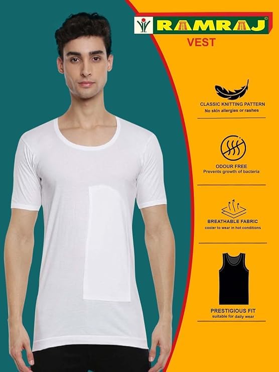 Image of RAMRAJ COTTON Men White Round Neck Half Sleeve Undershirt Vest With Pocket In Supersoft Cotton