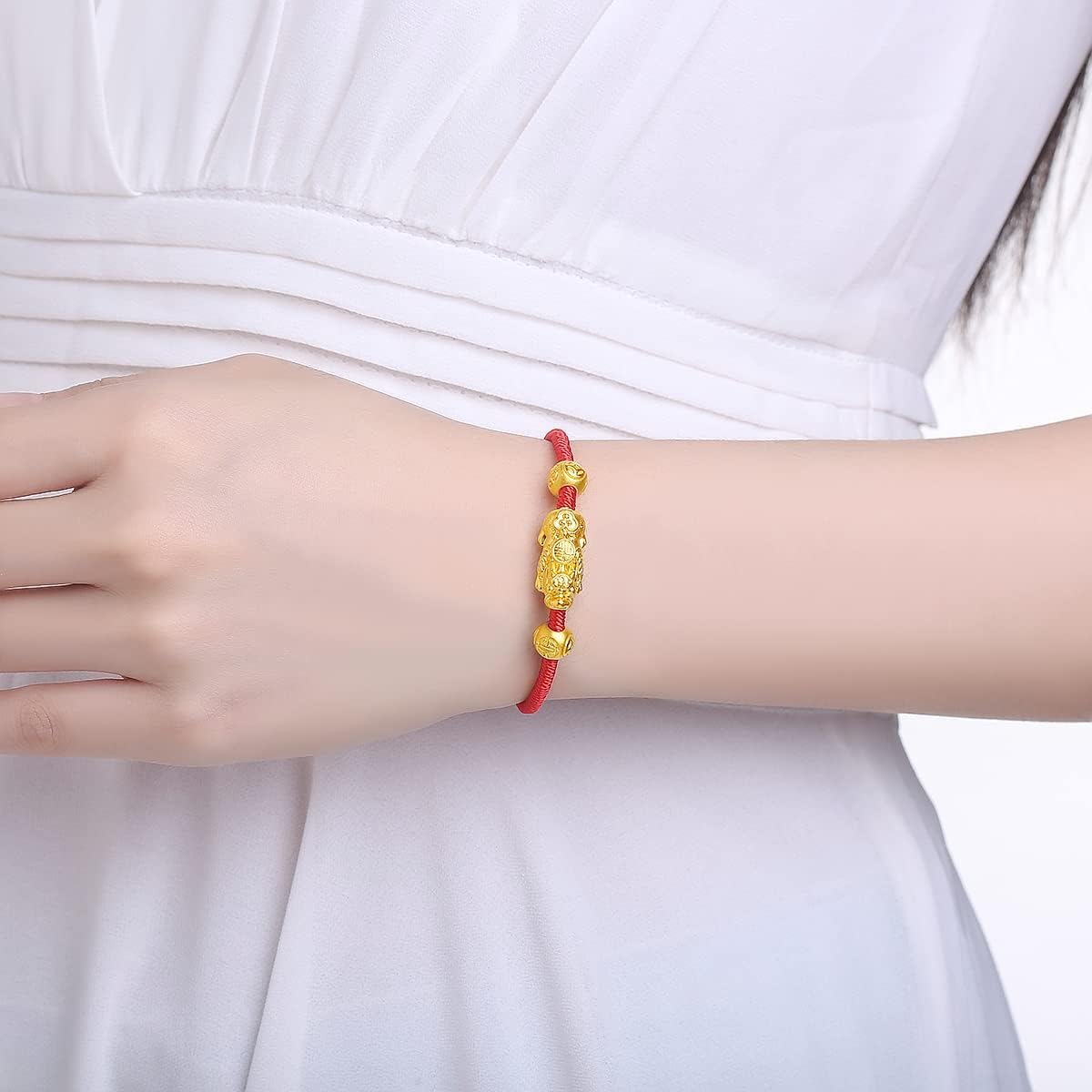 24K Solid Gold Bracelet for Women, Real Pure Gold Jewelry Dainty Fortune Pixiu Ball Dragon Turtle Adjustable Red Black Braided Bracelet Her Men Mom