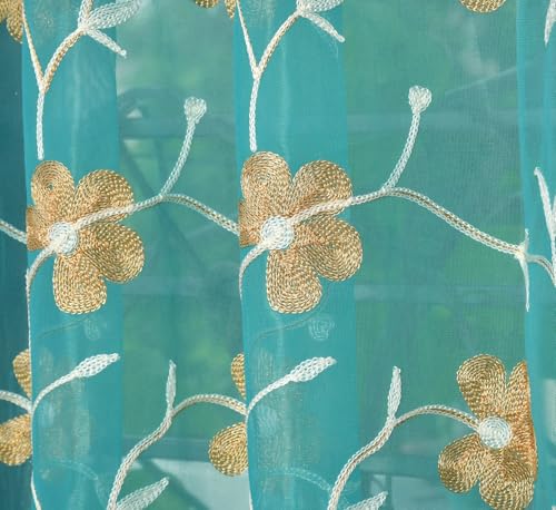 Image of Homefab India Embroidery Floral Net Transparent Sheer Curtain - 7X4 Feet, Door Curtains, Aqua, Pack of 2 Pcs