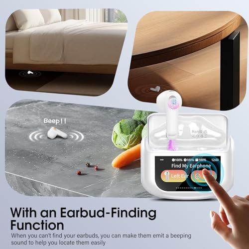Image of Wireless Earbuds, Bluetooth 5.4 Headphones with Multifunctional Touch Screen, 48H Bass Stereo Ear Buds with ANC /ENC Noise Cancelling /Transparency Mode, IPX7 Earphones with 5 EQ Modes, Ceramic White