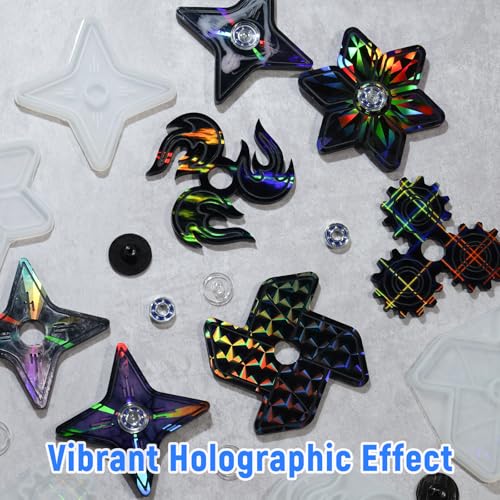 Image of NiArt Fidget Spinner Epoxy Resin Molds Set, 5 Holographic Silicone DIY Kit | Rainbow Texture, 15 Bearings & Caps, Storage Box For Casting Craft Projects, Stress Relief Toys
