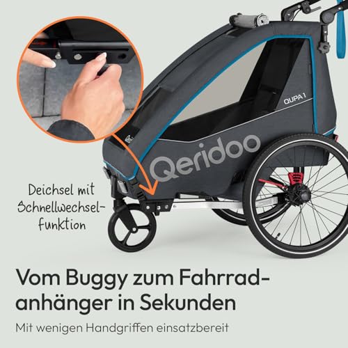 Qeridoo QUPA 1 Blue | Fahrradanhänger 1 Kind | Kinder Fahrradanhänger mit Blattfederung & Handparkbremse | Jogger Kinderwagen | Kinderfahrradanhänger | Kinderbuggy | Fahrrad Anhänger Kinder