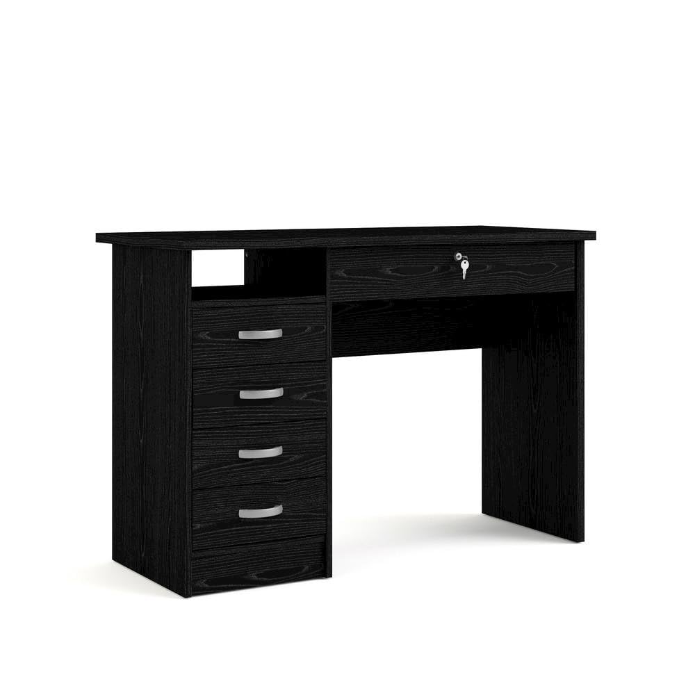 Furnifact Black Home Office Desk with 5 Drawers and Open Shelf, Lockable Storage Computer Desk and Study Table Ideal for Work from Home Setup