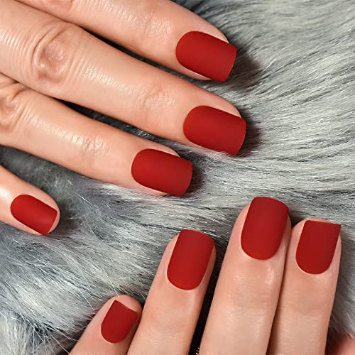 ELEVENAIL Rubber Matte Red Press On Nails Short Squoval Soild