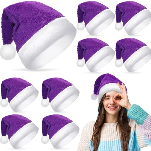 Suhine 10 Pcs Santa Hat Plush Christmas Hat Large Traditional Holiday Hat Claus Cap with Comfort Liner for Adults Xmas Hats(Purple)