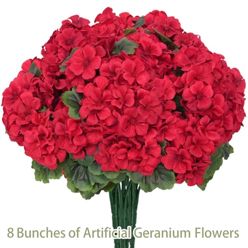 Image of 8 Pcs Artificial Geraniums Flowers for Outdoor Spring Summer Decor - UV-Resistant & Realistic Silk Faux Plants for Garden Porch Patio Yard Balcony Home Kitchen Table Centerpieces Decoration, Red