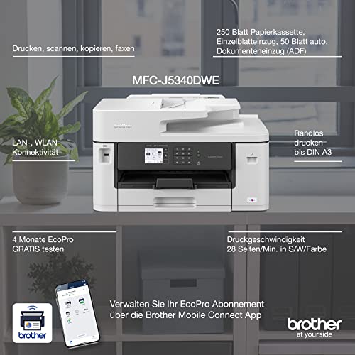 Brother MFC-J5340DWE EcoPro 4-in-1 Farbtintenstrahl-Multifunktionsgerät (250 Blatt Papierkassette, Drucker, Scanner, Kopierer, Fax) – Bild 4