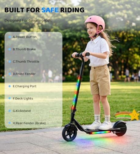 Image of Electric Scooter for Kids Ages 6-12, 150W Motor,10 Mph Max Speed, LED Display, K2-2 Speeds (6 /10 MPH), K2 Pro /K6-3 Speeds, Magnetic Charging, Colorful Light, Dual Brake Scooter for Girls Boys