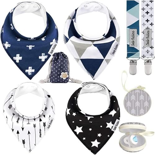 Image of Dodo Babies Baby Bandana Drool Bib Set - 4pc Infant Bibs with 2 Pacifier Clips, Binky Case, Gift-Ready Bag - Soft Absorbent Cotton with Polyester Back - Adjustable Buttons to Fit 3-24 -Month Old Boys