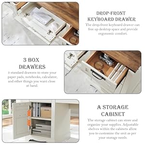 RedLemon 60" Farmhouse Executive Desk with Drawers, Wood Home Office Desk w/Charging Station, Keyboard Tray, File Drawer, Storage Cabinet, Rustic Computer Writing Desk (Antique White) RedLemon 60 Farmhouse Executive Desk with Drawers Wood Home Office Desk wCharging Station Keyboard Tray File Drawer Storage Cabinet Rustic Computer Writing Desk Antique White