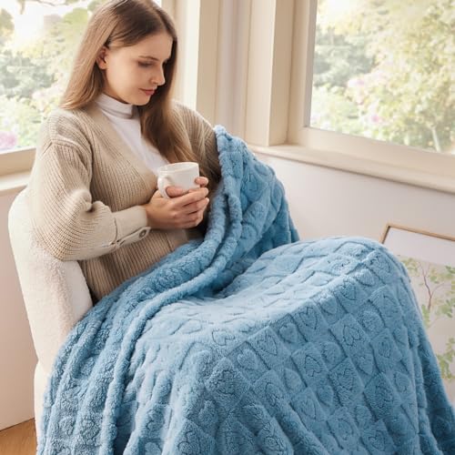 NEWCOSPLAY Super Soft Queen Blanket Blue Premium Silky Flannel Fleece 3D Heart Checkered Lightweight Bed Blanket All Season Use (Blue Heart, Queen(90"x90"))