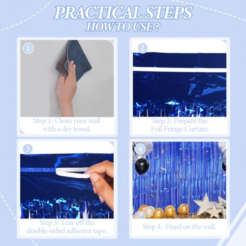 Image of DECOCKRAT 3 Pack Foil Fringe Backdrop - Royal Blue Shiny Tinsel Curtains for Party Decoration /Photo Booth Props - 3.3x8.2 FT Metallic Foil Backdrop for Birthday, Wedding, Graduation, Christmas.