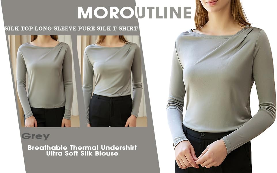 Women's Silk Top Long Sleeve Pure Silk T Shirt Breathable Thermal Undershirt Ultra Soft Silk Blouse - Image 4