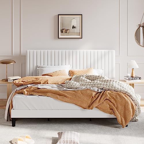 Image of SHA CERLIN King Upholstered Platform Bed Frame with Vertical Channel Tufted Velvet Fabric Adjustable Headboard, Wooden Slats Support, Mattress Foundation, Box Spring Optional, White