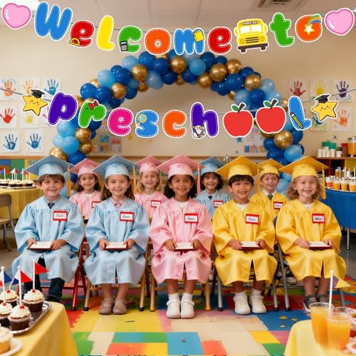 Image of Welcome to Preschool Banner for First Day of Preschool Decorations | Pre-Strung, Back to School, Classroom Office Hallway, Paper, Children Kids