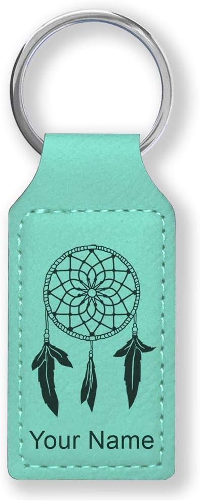LaserGram Rectangle Keychain, Dream Catcher, Personalized Engraving Included (Teal)