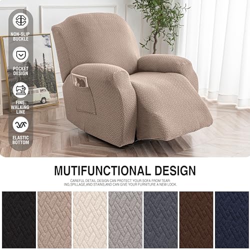 Image of Genina Recliner Chair Covers, Stretch Reclining Chair Cover, Recliner Sofa Slipcovers Stripe Jacquard Lazy Couch Covers Furniture Protector Covers for Pet Kid (Taupe, 1 Seater)