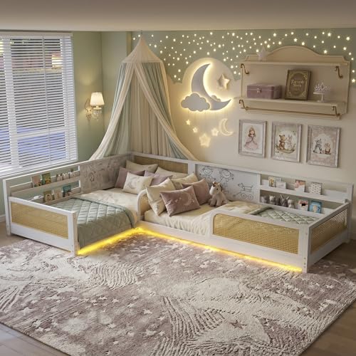 Mirightone L-Shaped Twin Bed Frame for 2 Kids Convertible Detachable Twin Beds with Whiteboard Panels Rattan Kids Bed with Storage Bookshelves LED Lights and Guardrails White