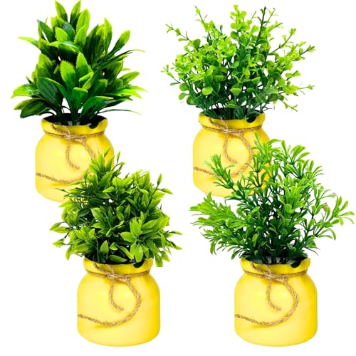 Image of Dekorly 4pcs Artificial Pot Flowers Small Fake Plants with Pot Mini Potted Plants for House Office Tabletop Decoration (Yellow)