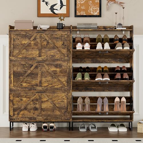 Image of BORNOON Shoe Cabinet with 3 Flip Drawers Narrow Shoe Storage Cabinet Organizer Wooden Freestanding Shoe Rack Hidden Slim Shoes Storage Cabinet for Entryway, Hallway, Living Room, Bedroom