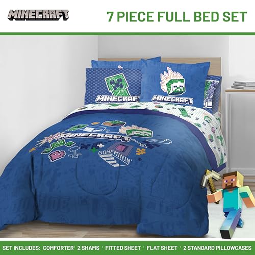 Image of Minecraft Creeper Full Size Comforter Set 7 Piece Kids Bedding, Blue | Gaming, Bed in a Bag, Comforter Sheets Shams Pillowcases, Official Product, Soft Microfiber, Machine Washable, Girls Gift