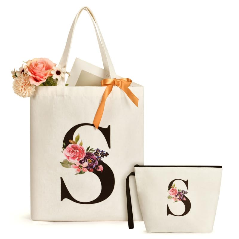 Aucuu 2 PCS Bolso Tote de Mujer, Letras Personalizadas Tote, Reutilizable Tote Bag de Lona, Exquisito Diseño de Letras y Flores Impresas, con Bolsillo Interior (Letra S)