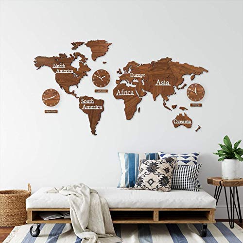 Carte du monde 3D en bois avec montres, jeu de montres en panneau MDF avec horloge Weltuhorhorhorloges murales, Bois / Marron, 115 x 65 cm (3 Uhren)