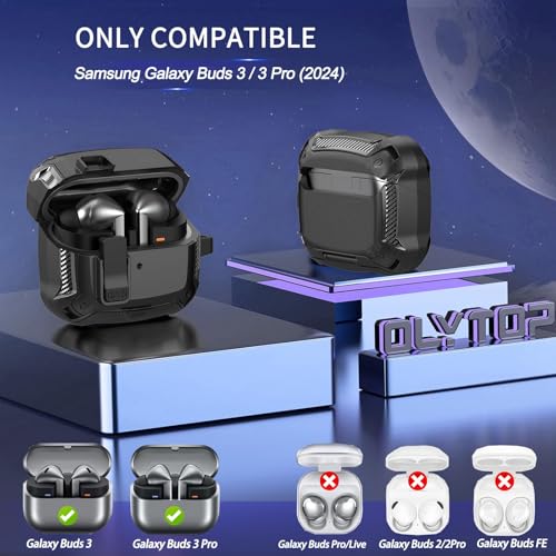 Image of Galaxy Buds 3 Pro /3 /3 FE Case Cover with Phone Stand&Lock Clip, Shockproof Samsung Galaxy Buds 3 FE /3 /3 Pro Protective Hard Cover Shell with Carabiner&Cleaner kit for Men Women, Black