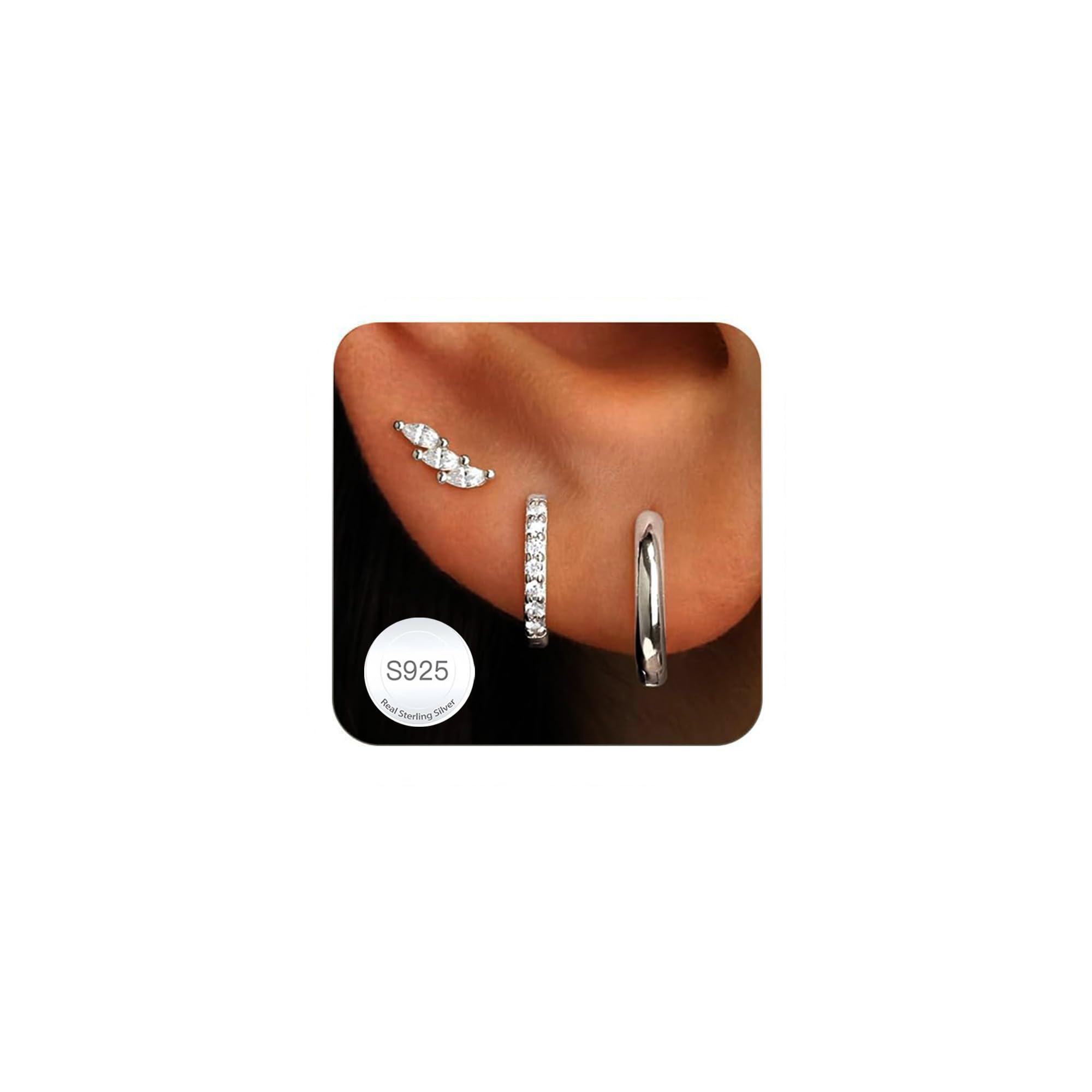 3 Paar Ohrringe Silber 925 Set Damen 14K Vergoldet Creolen G