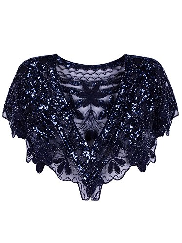 Vijiv Women's 1920s Shawl Deco Sequin Beaded Evening Cape Bolero Flapper Cover Up For Wedding Blue