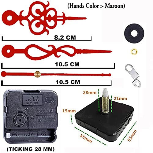 Image of YOPY� Quartz Machine for Big Size Wall Clock,Battery Operated,Clock Movement Machine with Needles and Hook 28 MM (Needles : Antique Maroon 2)