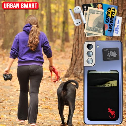Image of Gecko Travel Tech Double Pocket - Adhesive Card Holder - Cell Phone Pouch - Stick on Spandex Pocket - Carry Credit Cards and Cash, LOGO - RED, Strechy Spandex Pocket - Secure Inner Strap