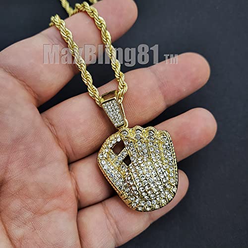 Iced Lab Diamond Gold Silver Plated Baseball Glove Pendant & 4mm 24" Rope Chain Hip Hop Jewelry Necklace4