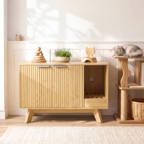 Image of Seang Cat Litter Box Enclosure with Litter Collector,Fluted Hidden Litter Box Furniture with Scratch Pad,31 inch Wooden Cat Cabinet,Cat House,TV Stand,Side Table for Living Room,Natural