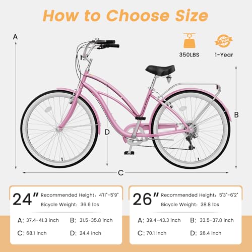 Image of MOONCOOL Beach Cruiser Bike for Women and Men, 24 /26 Inch 7-Speed Adult Bicycle, Comfortable Step-Through Frame with Rear Rack, Classic City Cruiser