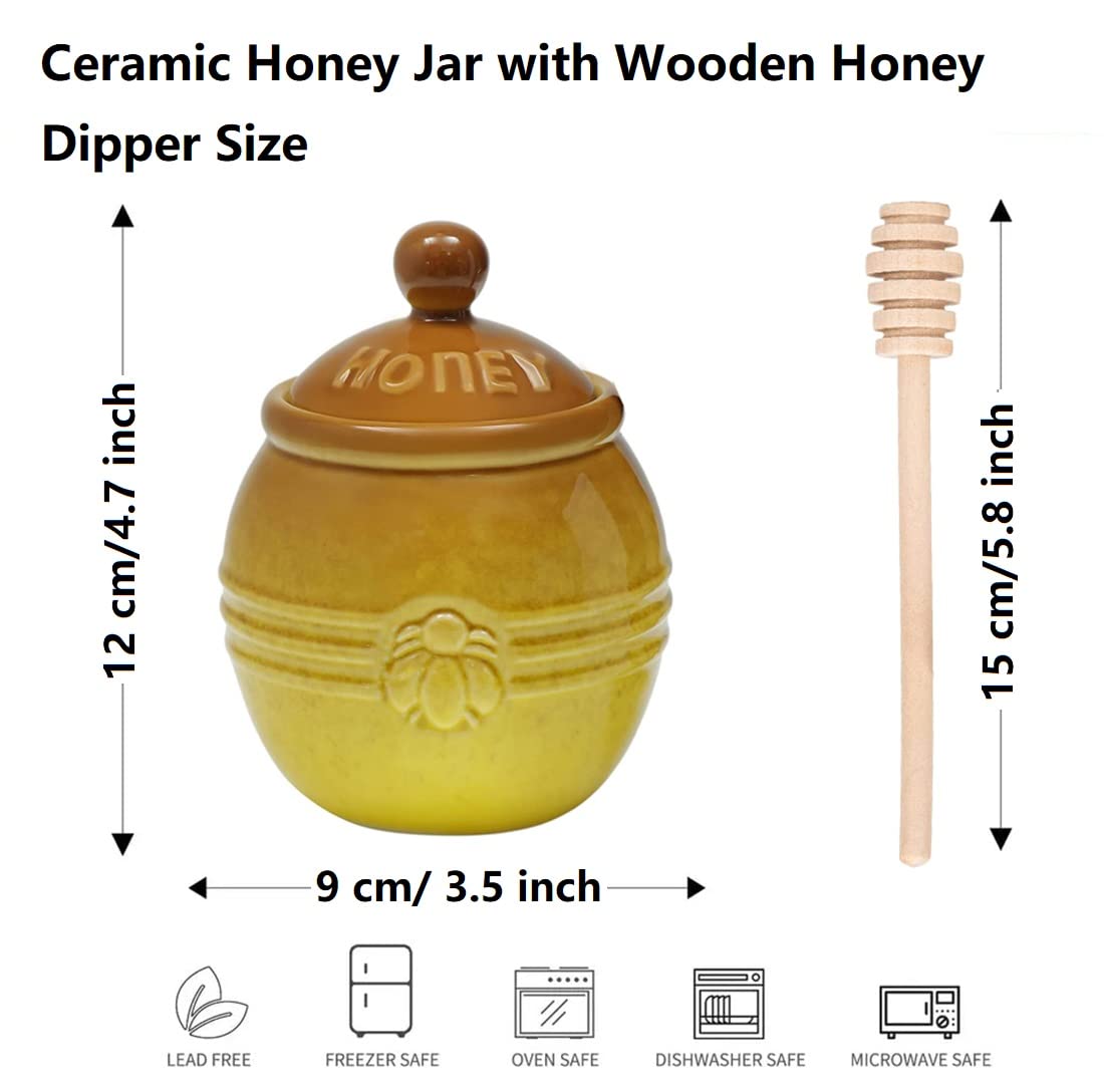 Kosmeey Ceramic Honey Pot with Dipper - Brown Honey Jar with Stand, Great Bee Decor - Farmhouse Kitchen Decor