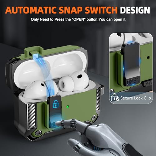 Image of Compatible with AirPods Pro 3 Case with Phone Stand,Automatic Snap Switch Lock,Carbon Fiber Texture Design Cover with Cleaner Kit (Dark Green,for AirPods Pro 3)