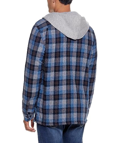 Image of Weatherproof Vintage Mens Hooded Sherpa Lined Soft Brushed Plaid Button-Down Shirt Jacket (Blue, Small)