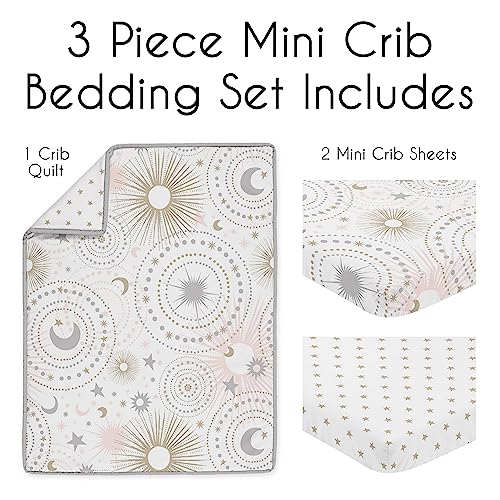 Image of Sweet Jojo Designs Blush Pink Gold Star and Moon Girl Baby Mini Crib Bedding Set for Infant Nursery Room Newborn Blanket and Portable Pack n Play Sheets 3pc Grey Celestial Sky Stars Gray Shabby Chic