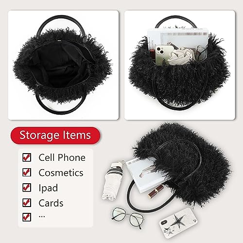 Image of Women's Fuzzy Tote Bag Curly Handbag Furry Shoulder Bag Large Plush Top Handle Purses Winter